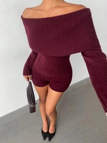 Aloruh Red Off Shoulder Knitted Sweater And Knit Shorts Set, Casual Homewear And Outdoor Outfit I... | SHEIN