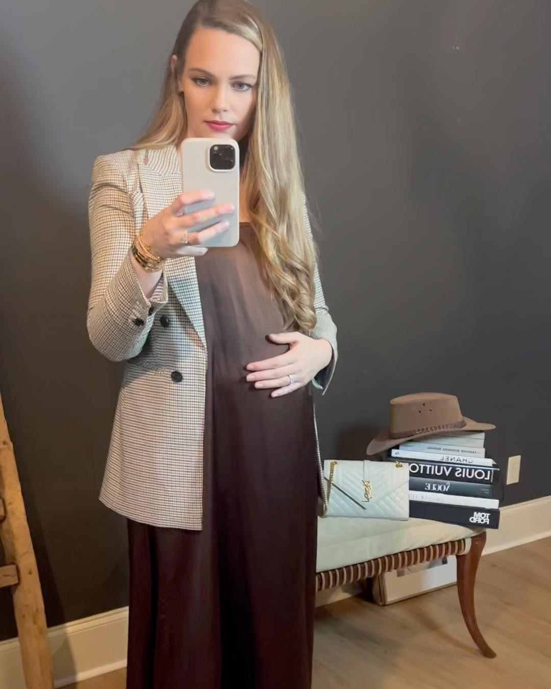 The most stunning chocolate brown silk dress. Maxi length that can easily work with a bump, be dressed up for a black-tie event (it’s hand-made and hand-dipped mulberry silk and absolutely exquisite), paired with booties and a blazer for a great work outfit. Maternity and postpartum friendly with adjustable straps! 