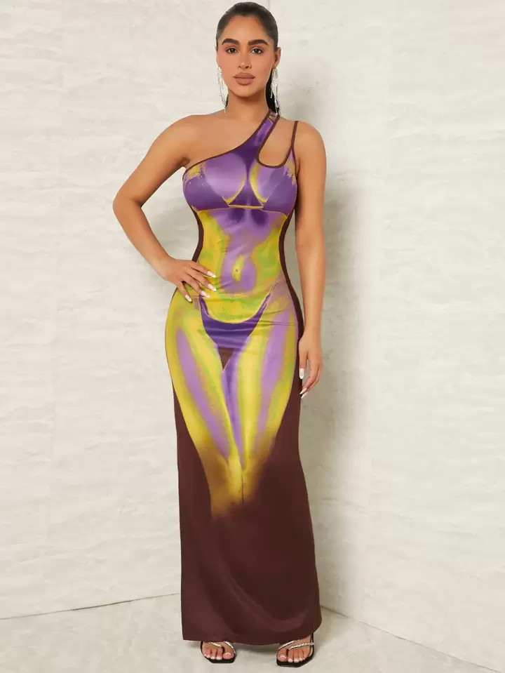 SHEIN SXY Body Heat Map Print One Shoulder Cut Out Maxi Dress | SHEIN