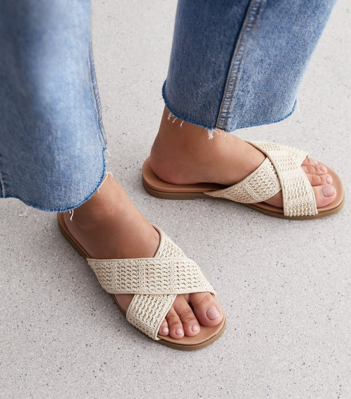 Off White Raffia Cross Strap Mule Sandals | New Look | New Look (UK)