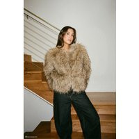 Ottie Mongolian Faux Fur Cropped Jacket - Brown Multi I MESHKI I Size XXS/XS | MESHKI US