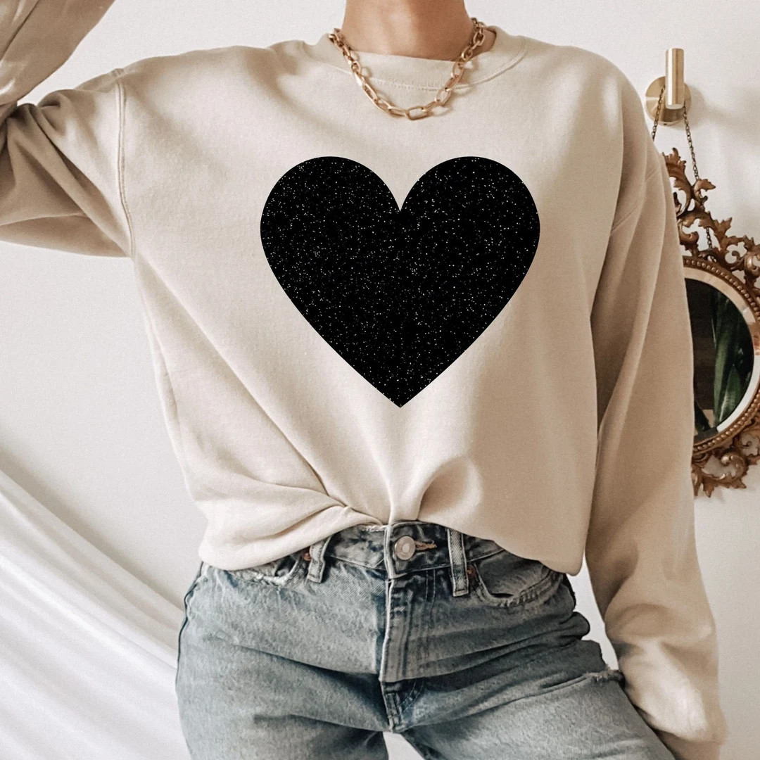 Womens Black Glitter Heart Shirt, Black Heart Sweatshirt, Glitter Heart Shirt, Heart Crewneck, Gi... | Etsy (US)