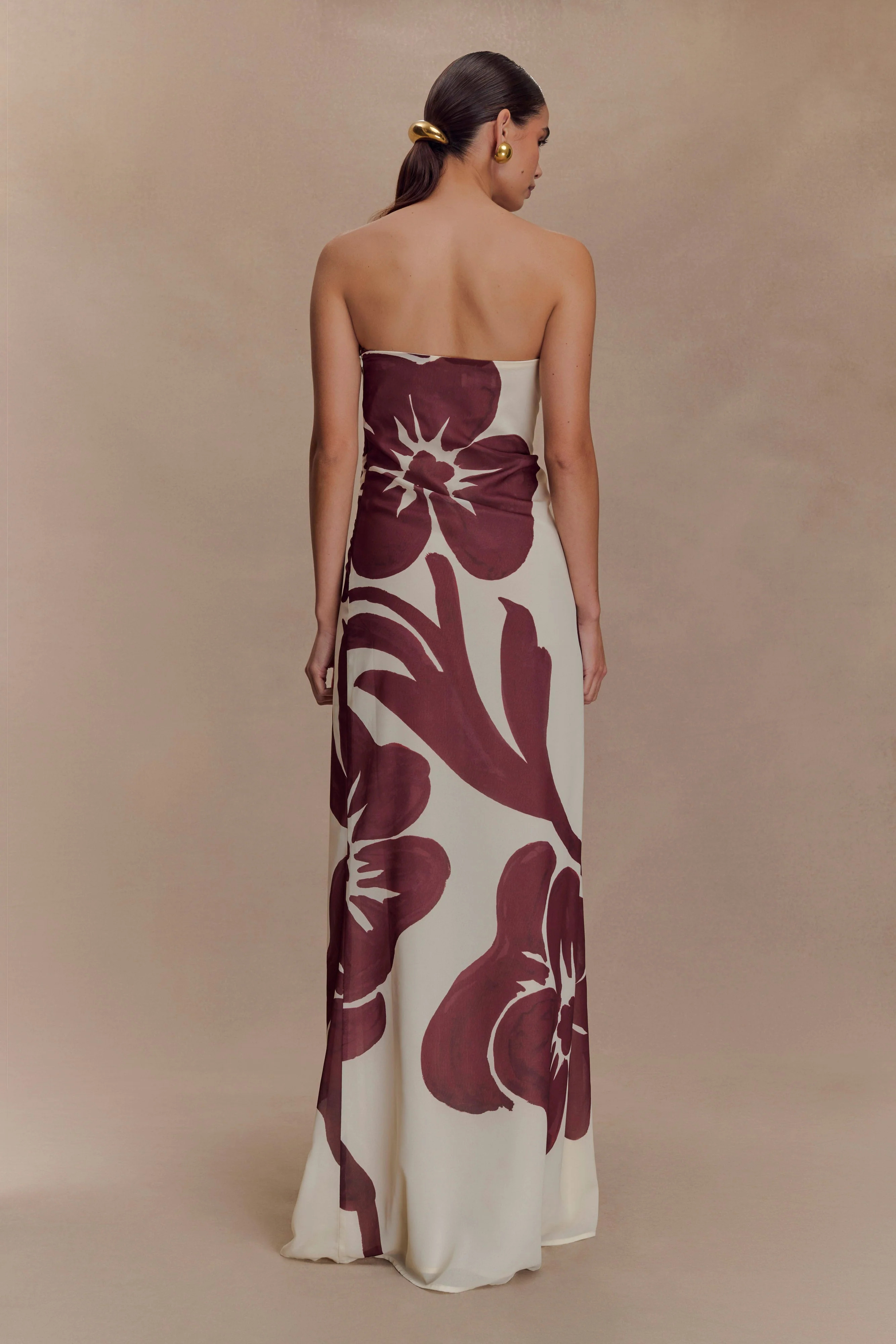 Strapless Chiffon Maxi Dress - Brown Deco Fleur Print | MESHKI US