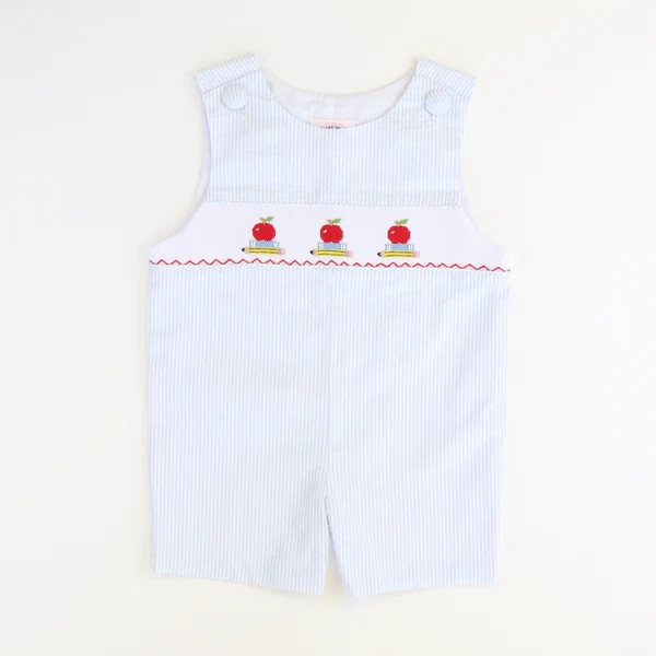 Smocked Apples & Books Shortall - Light Blue Stripe Seersucker | Southern Smocked Co.