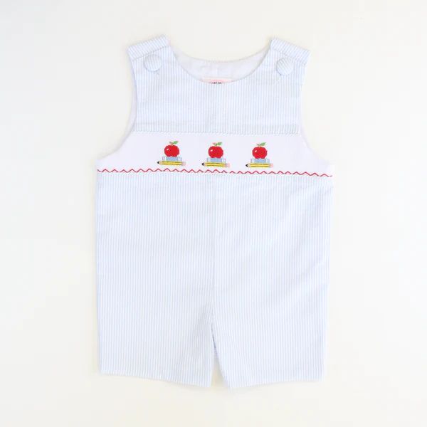 Smocked Apples & Books Shortall - Light Blue Stripe Seersucker | Southern Smocked Co.