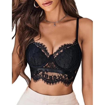 Sexy Crop Top for Women Flora Lace Bralette V Neck Camiose (Black X-Large) | Walmart (US)