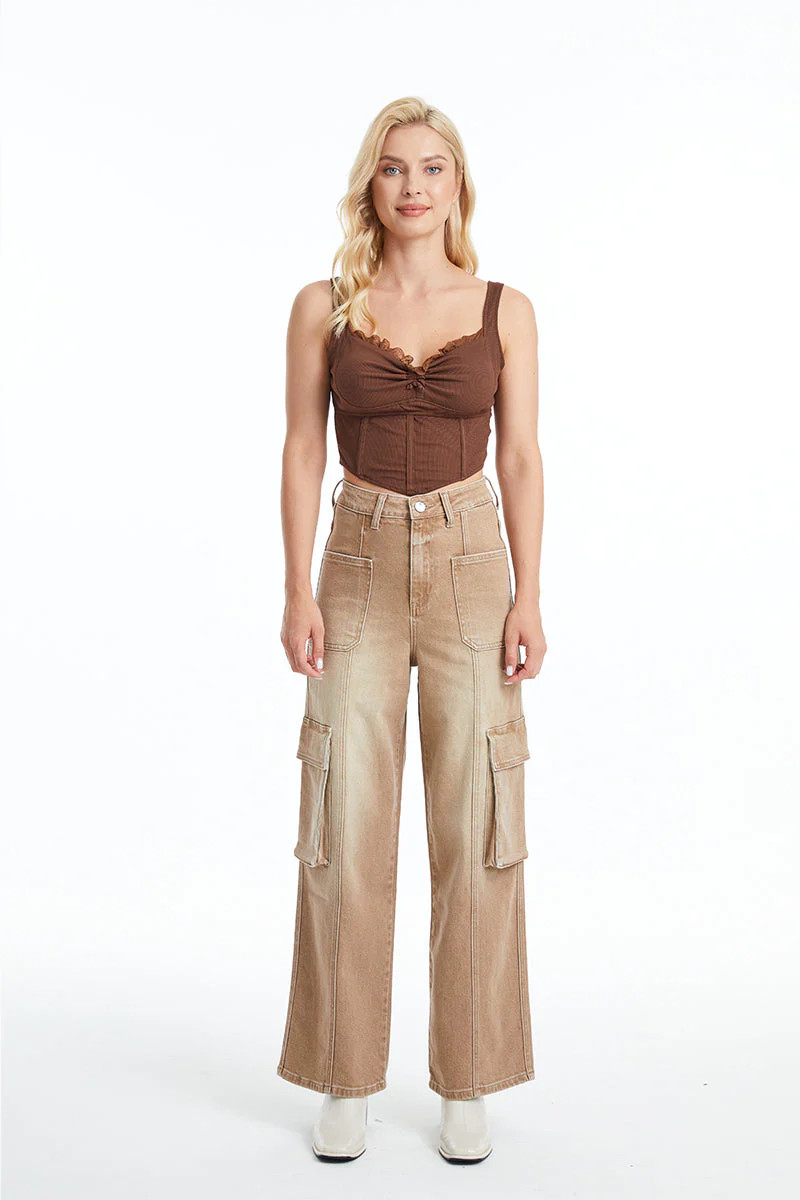 HIGH RISE CARGO WIDE LEG JEANS | Bayeas