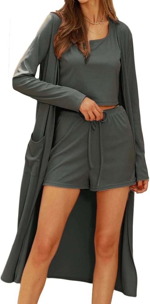 GRACE KARIN Womens 3 Piece Loungewear Set Crop Vest High Waist Shorts and Long Cardigan Pajamas Set | Amazon (US)