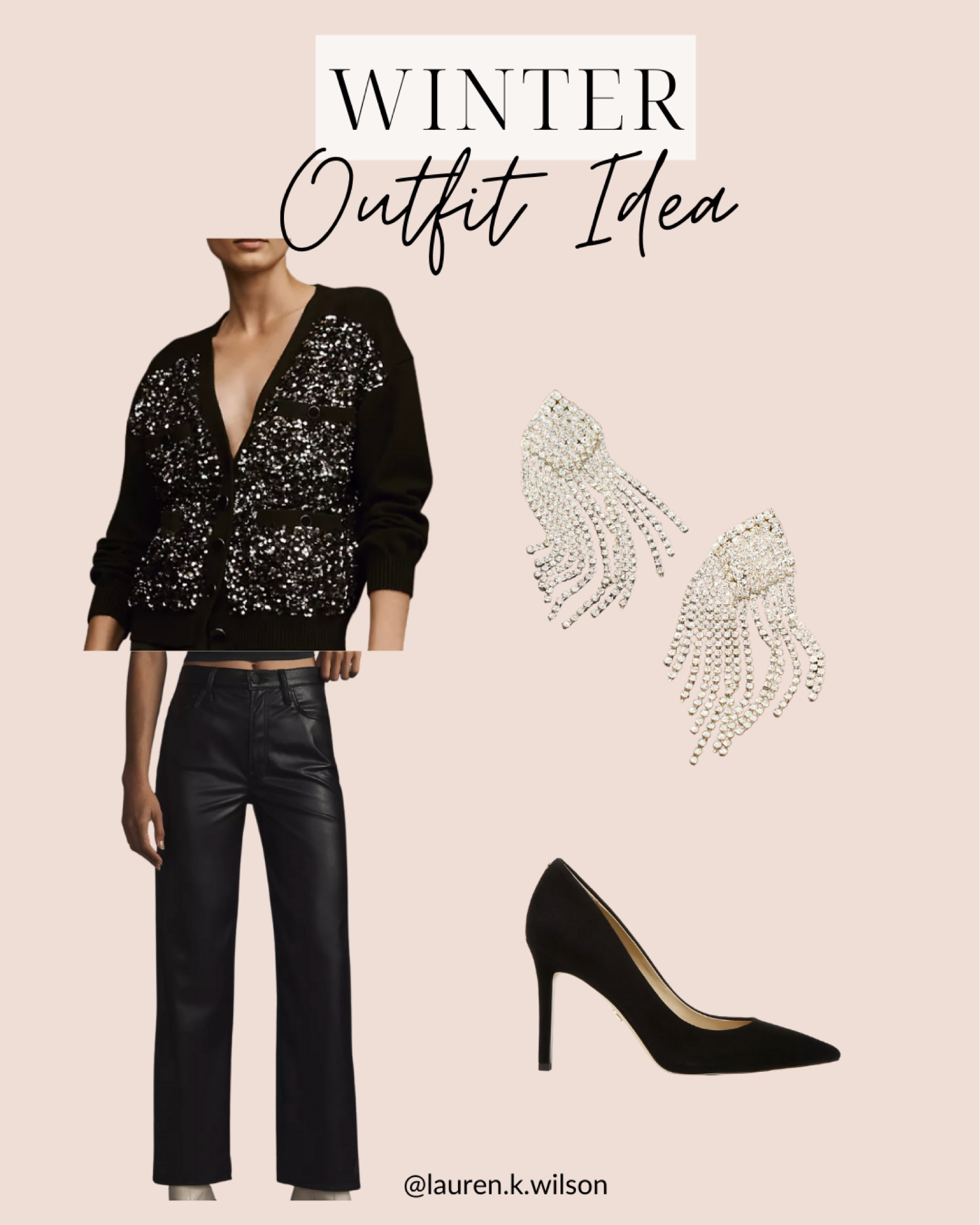 Winter outfit idea, sequins, faux leather pants, pointed toe heels, rhinestone, statement earrings 

#LTKfindsunder100 #LTKstyletip #LTKSeasonal