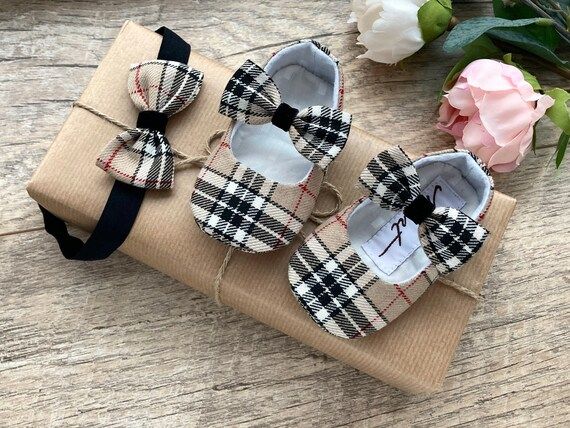 Plaid Baby Girl Shoes Light Brown Black Shoes Bow Headband | Etsy | Etsy (US)