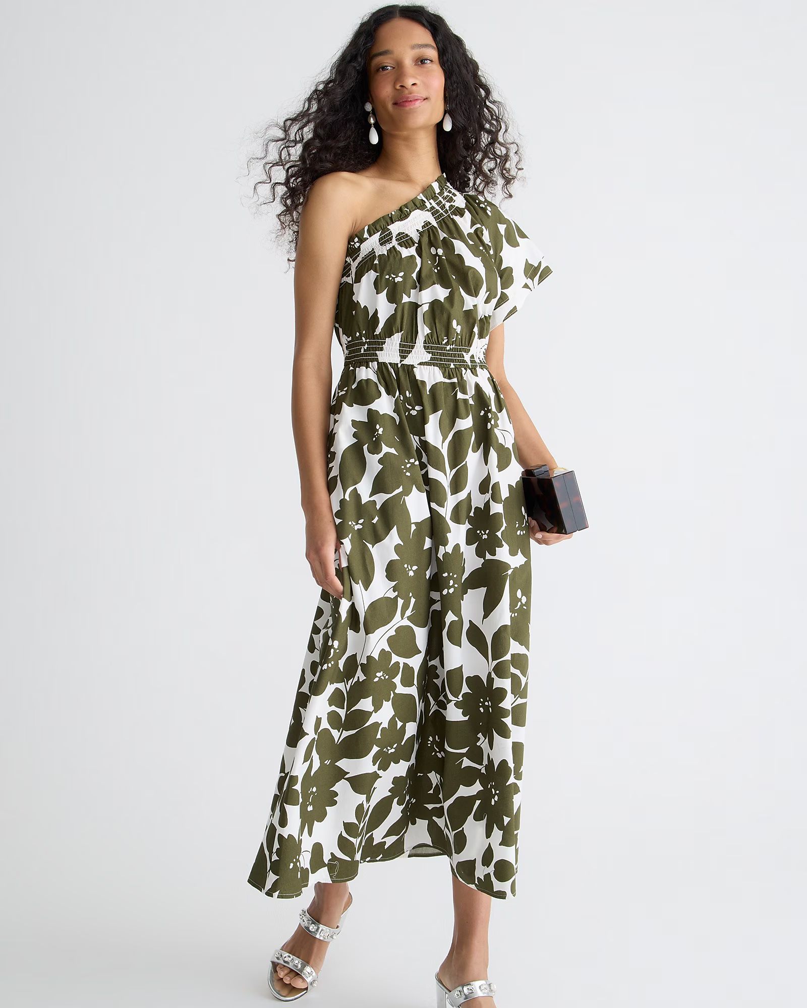 Smocked cotton poplin one-shoulder dress in leafy floral | J.Crew US