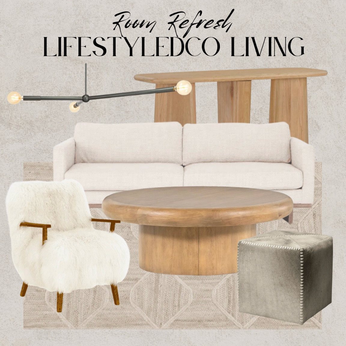 Living room refresh from The Lifestyledco. Black 3 light chandelier, rod chandelier, black modern lighting, leather ottoman, grey ottoman, 3 leg console table, round coffee table, oak coffee table, yeti chair, Mongolian fur chair, performance fabric soda, wood leg sofa, jute rug

#LTKHoliday #LTKhome #LTKSeasonal