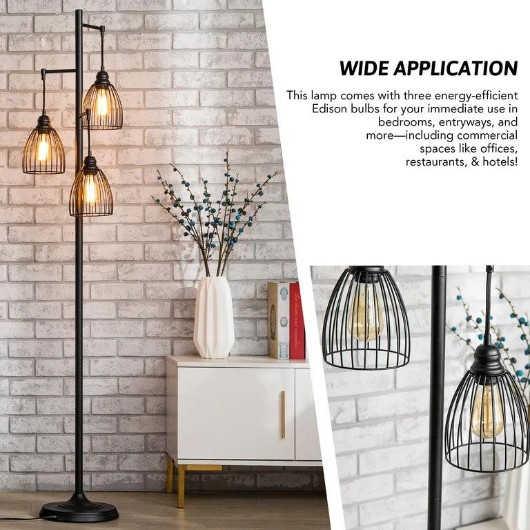 Bestco67" Industrial Floor Lamp with Hanging Metal Shades, 3 Bulbs Incl., Black - Walmart.com | Walmart (US)