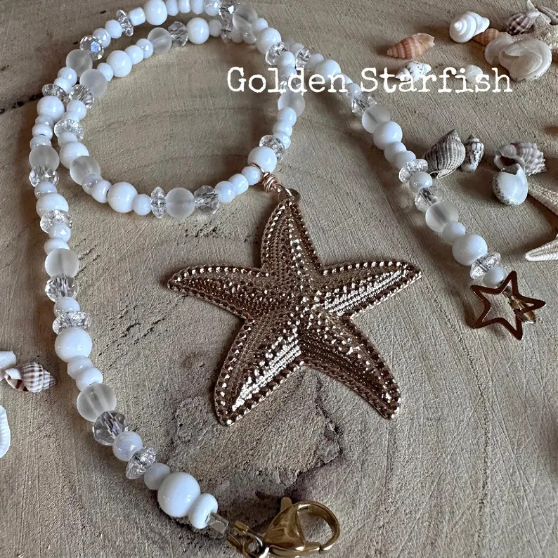 Handmade White and Gold Starfish or Shell Beaded Necklace - Etsy | Etsy (US)