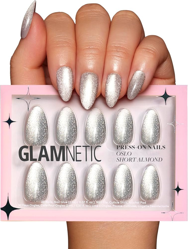 Glamnetic Press On Nails - Oslo | Short Almond Silver Shimmer Nails with a Cat Eye Finish | 15 Si... | Amazon (US)