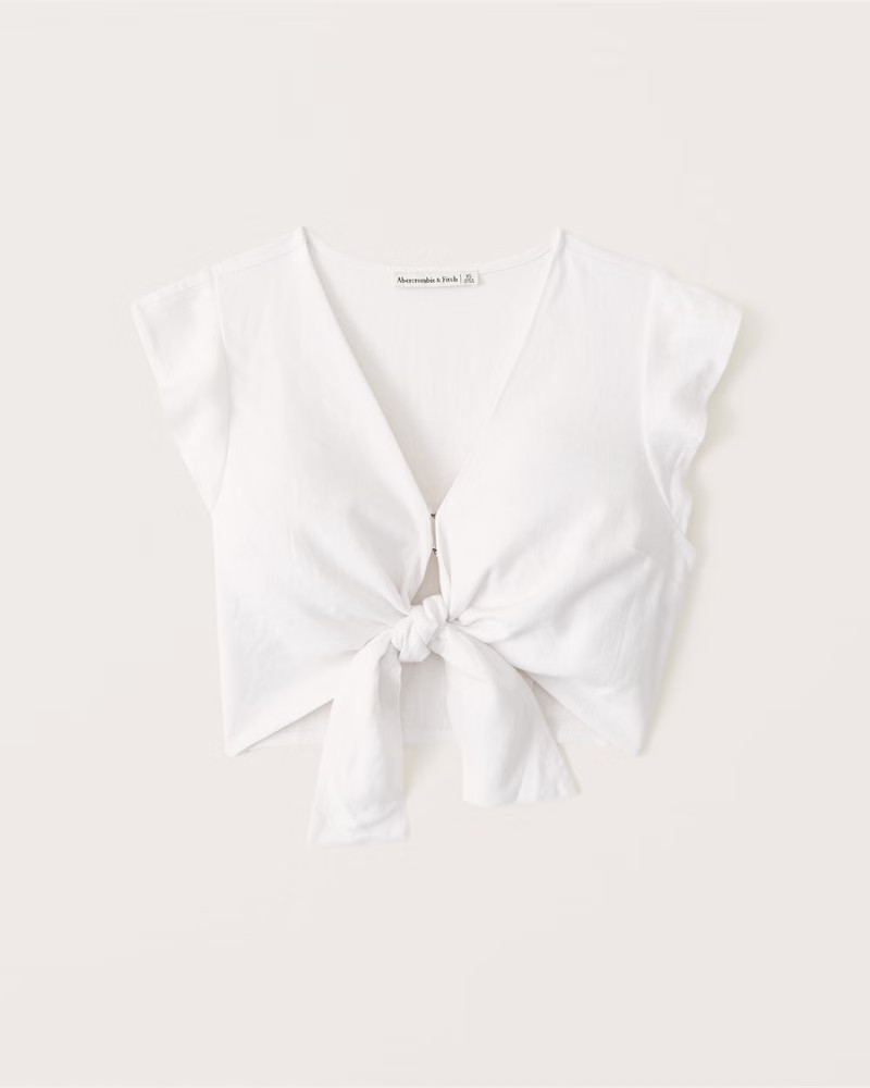Tie-Front Linen Blend Ruffle Sleeve Top | Abercrombie & Fitch (US)