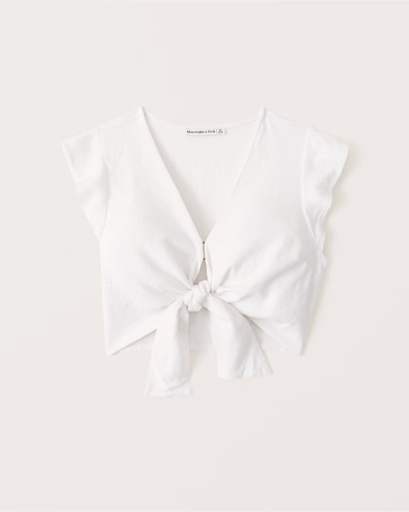 Tie-Front Linen Blend Ruffle Sleeve Top | Abercrombie & Fitch (US)