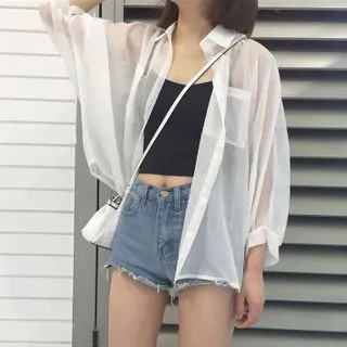 Long-Sleeve Sheer Pocketed Shirt White - One Size | YesStyle Global