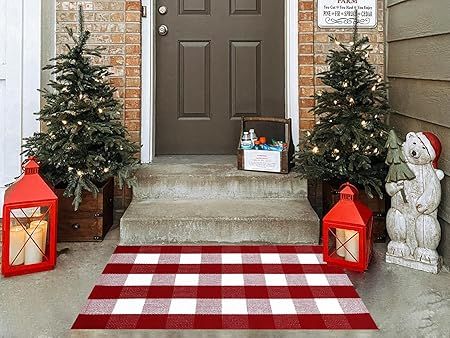 Ckorzen Red and White Plaid Rug, 28" x 43"Christmas Outdoor Front Door Decor Mat, Cotton Hand-Wov... | Amazon (US)
