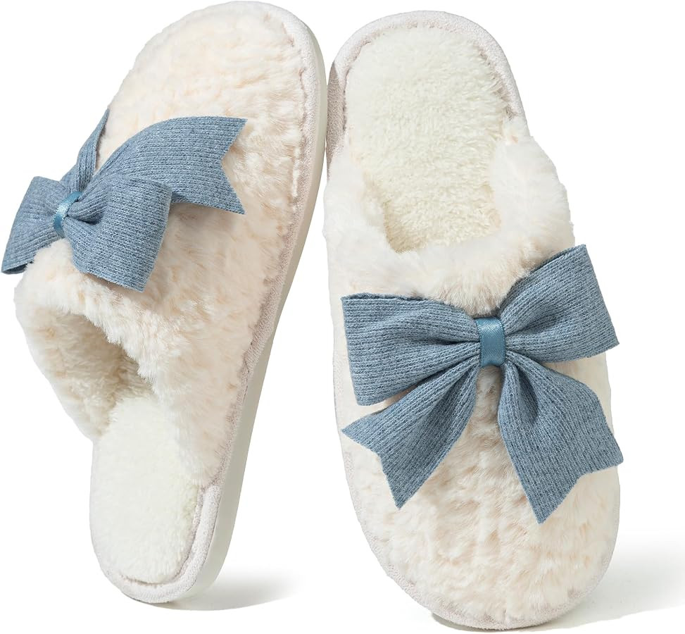 Women's Fuzzy Bow House Slippers Memory Foam Non-Slip Indoor | Amazon (US)