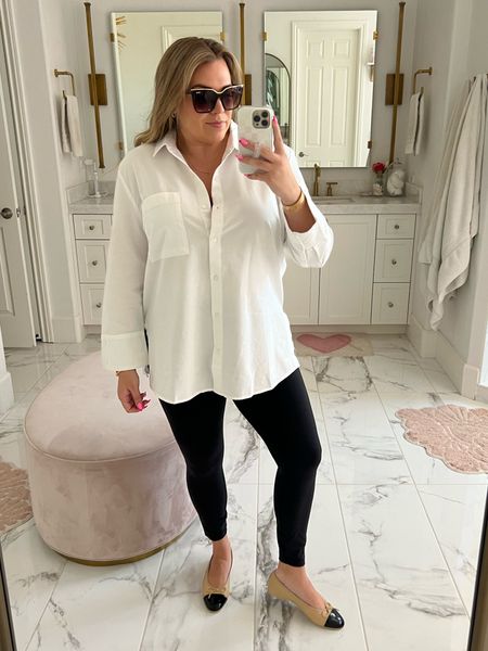 curvy casual fall look from the Nordstrom Anniversary Sale! wearing size large in oversized white button down shirt! linking similar leggings and ballet flats on sale 

#LTKxNSale #LTKunder50 #LTKcurves
