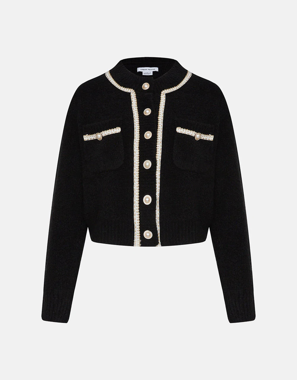 Contrast Trim Faux Pearl Button Green Cardigan | Urban Revivo