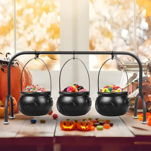 Halloween Party Decorations Indoor,Set of 3 Witches Cauldron Candy Serving Bowls With Rack,Halloween Party Supplies,Black Plastic Candy Cauldron for Table Decor | Amazon (US)