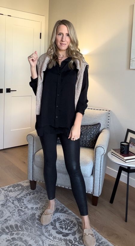 Here is your ultimate #fallout . Pair Spanx, an oversized black button down shirt, and a neutral sweater for a cozy look. I love wearing this with mules
Or boots.

#LTKstyletip #LTKSeasonal #LTKfindsunder100