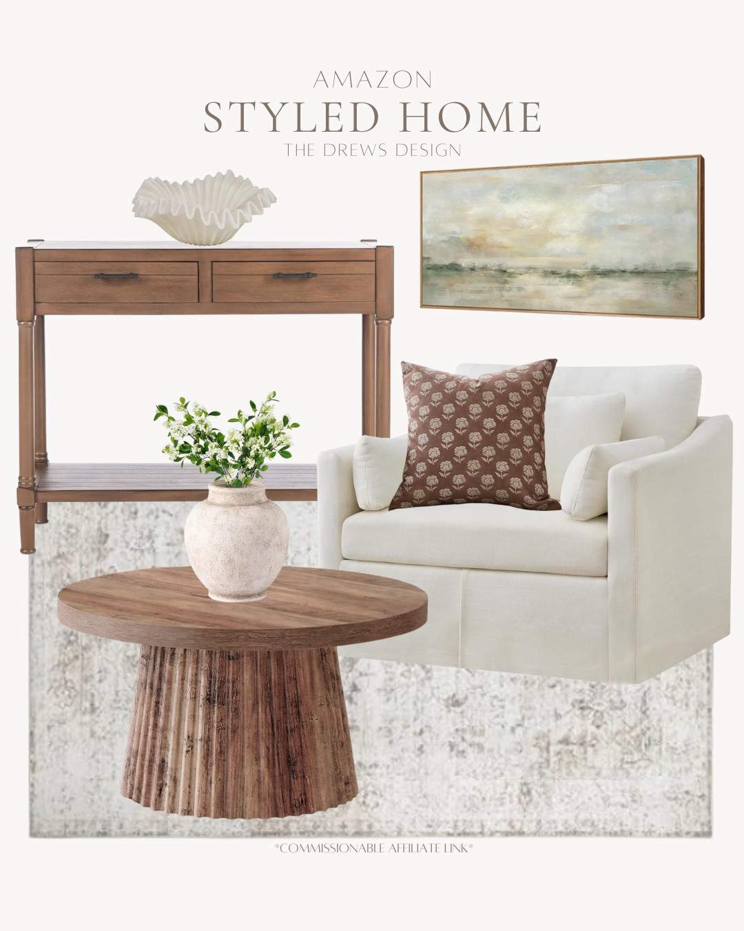 Styled living room includes console, decorative bowl, wall art, accent chair, throw pillow, coffee table, neutral area rug.

Home decor, looks for less, neutral home, styled home

#LTKSaleAlert #LTKSeasonal #LTKHome