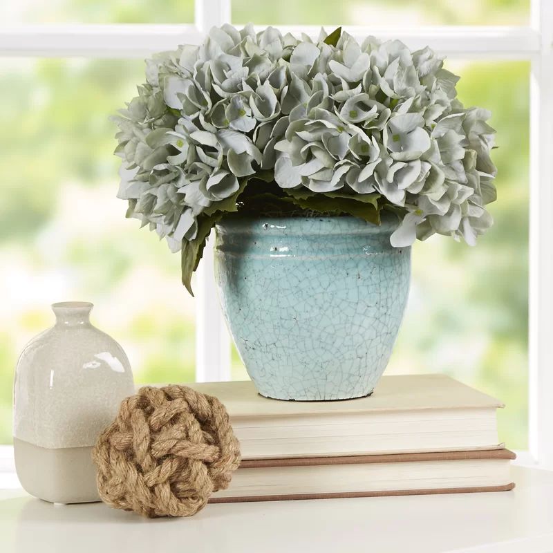 Blue Sea Foam Hydrangea Bouquet in Rustic Pot | Wayfair North America