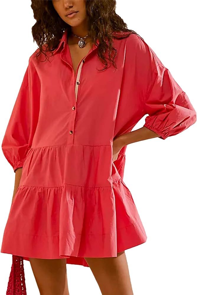 Mingzhu Women's Summer Flowy 3/4 Sleeve Babydoll Mini Dress Tiered Short Shirtdress with Pockets | Amazon (US)