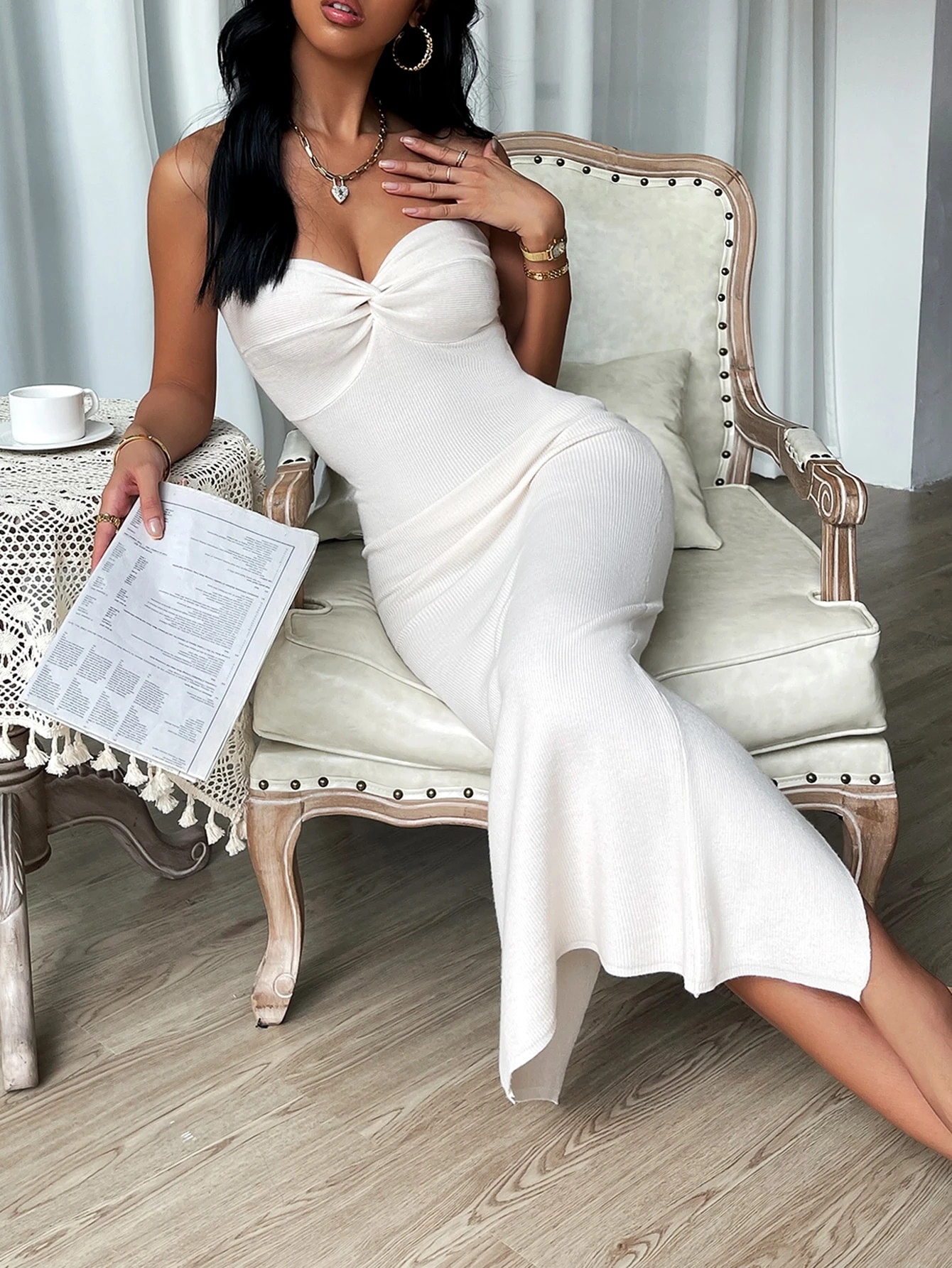 SHEIN Privé Twist Front Split Back Tube Sweater Dress | SHEIN