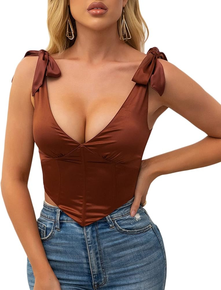 Beumissy Women's Vintage Corset Crop Top Sexy V-Neck Satin Boned Zip Back Bow Tie Bustier top | Amazon (US)