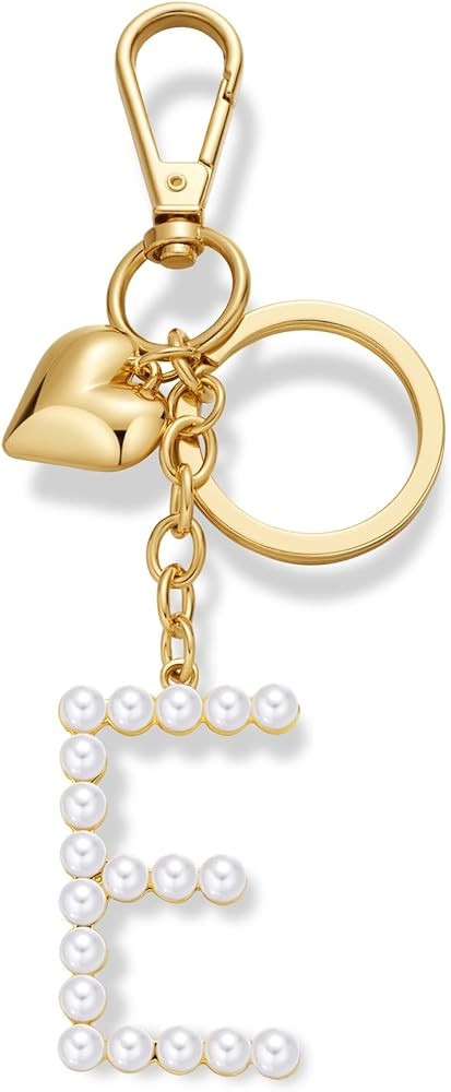 Initial Letter Keychains For Women Gold Heart And Pearl Alphabet Bag Charms Purse Accessories Gif... | Amazon (US)