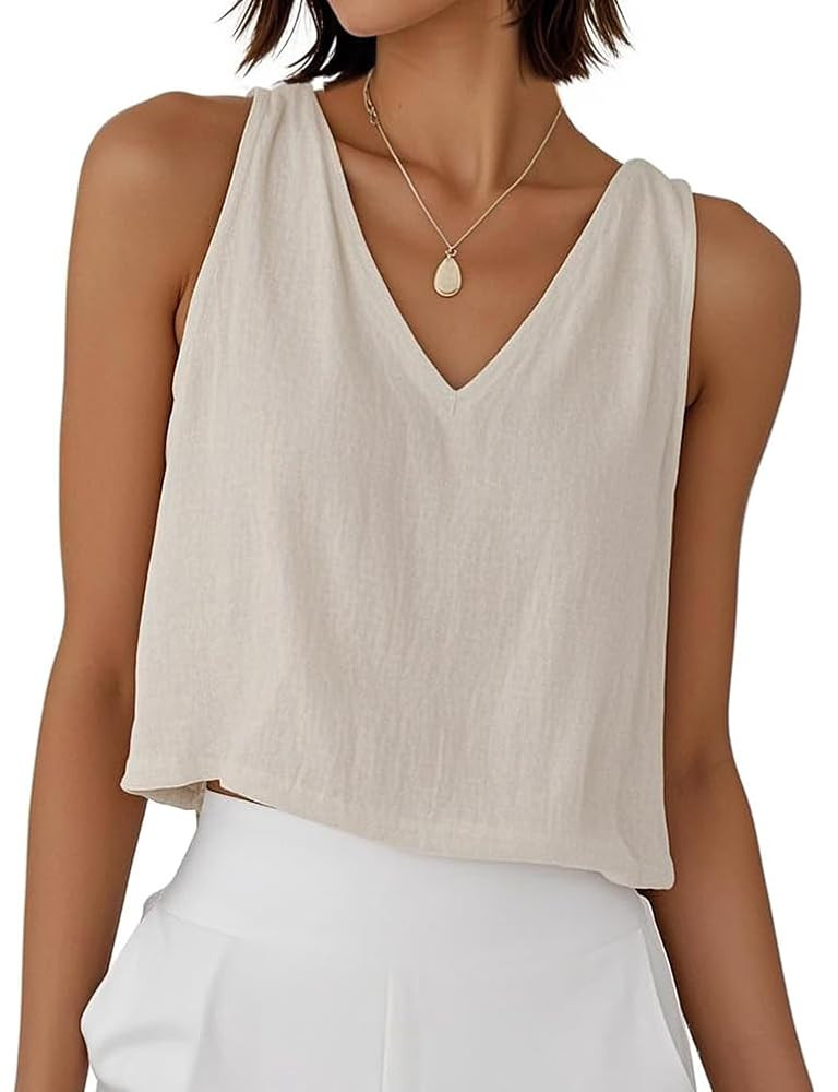 Mywinway Linen Crop Tank Tops for Women Spring Summer Sleeveless V Neck Cropped Casual Fashion Be... | Amazon (US)