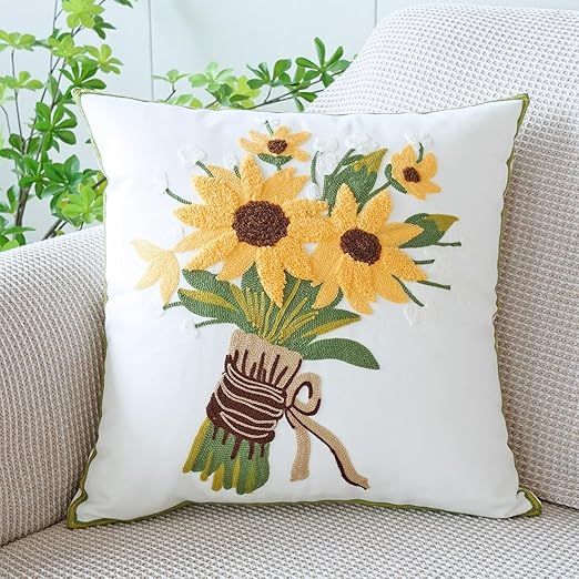 vctops Farmhouse Sunflower Tufted Throw Pillow Cover Embroidered Accent Pillowcase Soft Square Cu... | Amazon (US)