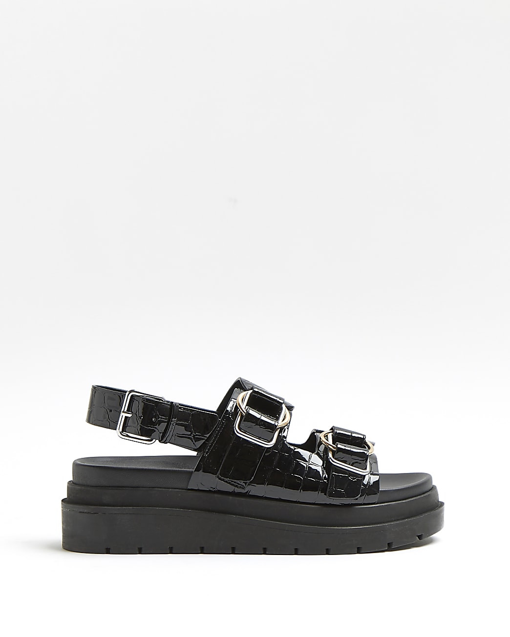River Island Womens Black patent flatform sandals | River Island (US)