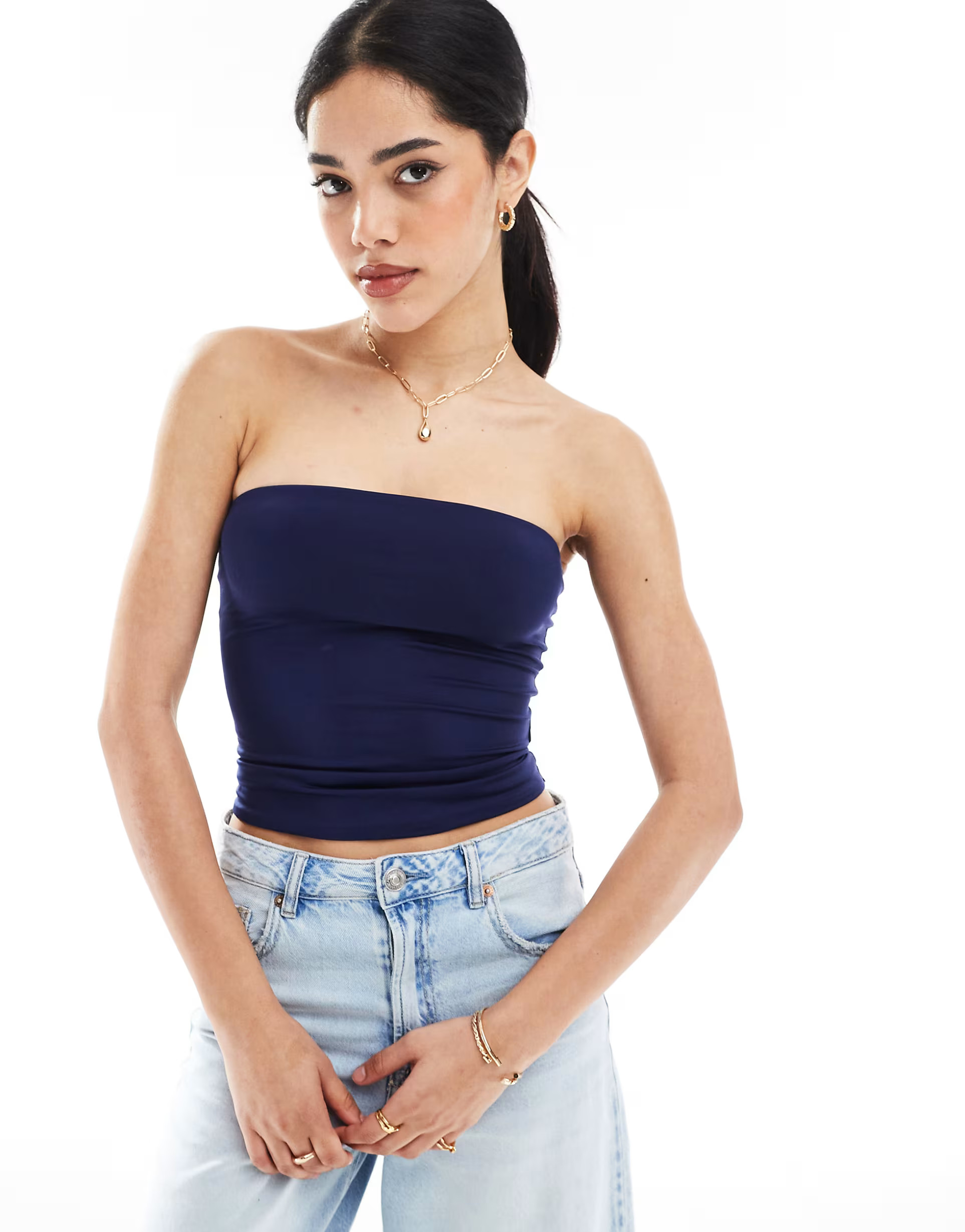 Bershka polyamide bandeau top in navy | ASOS (Global)