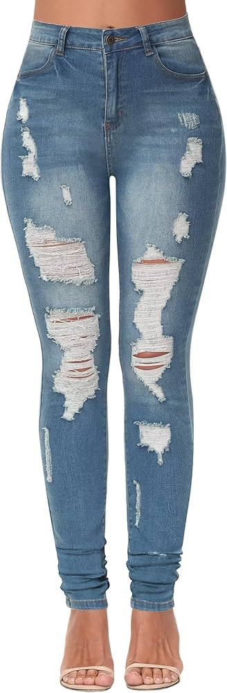 KDF Women's High Waisted Jeans for Women Distressed Ripped Jeans Slim Fit Butt Lifting Skinny Str... | Amazon (US)