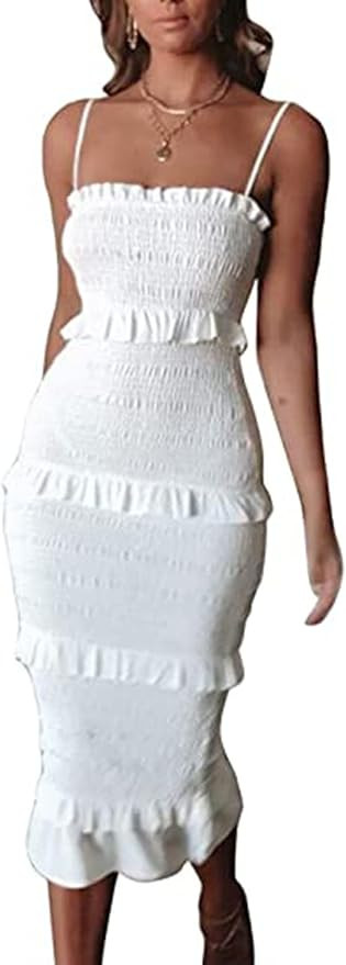 Hoefirm Womens Tiered Layered Ruffles Dress Casual Spaghetti Strap Bodycon Beach Mini Dresses | Amazon (US)