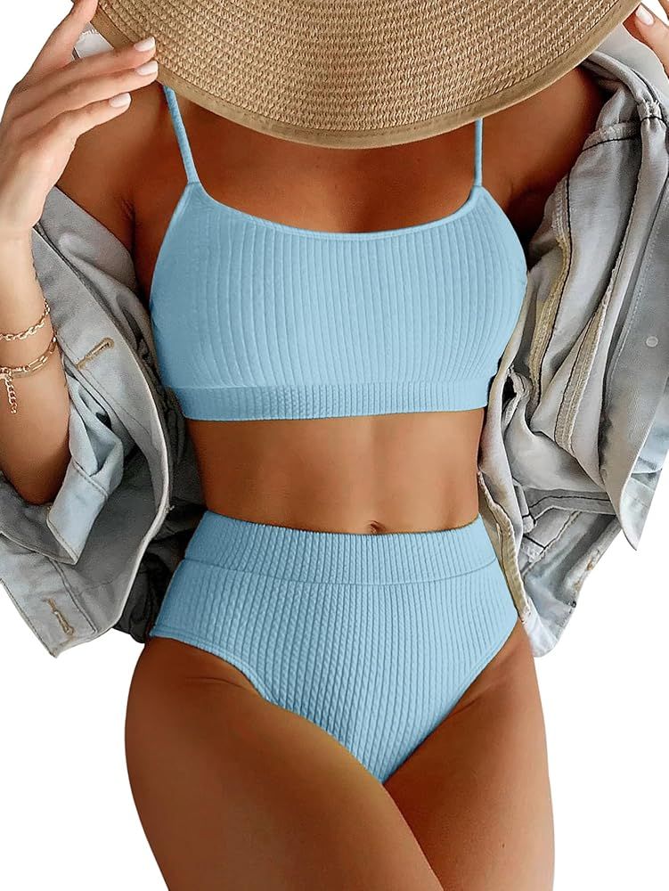 Lilosy High Waisted Tummy Control Ribbed Bikini Crop Top Brazilian Swimsuit Set 2 Piece | Amazon (US)