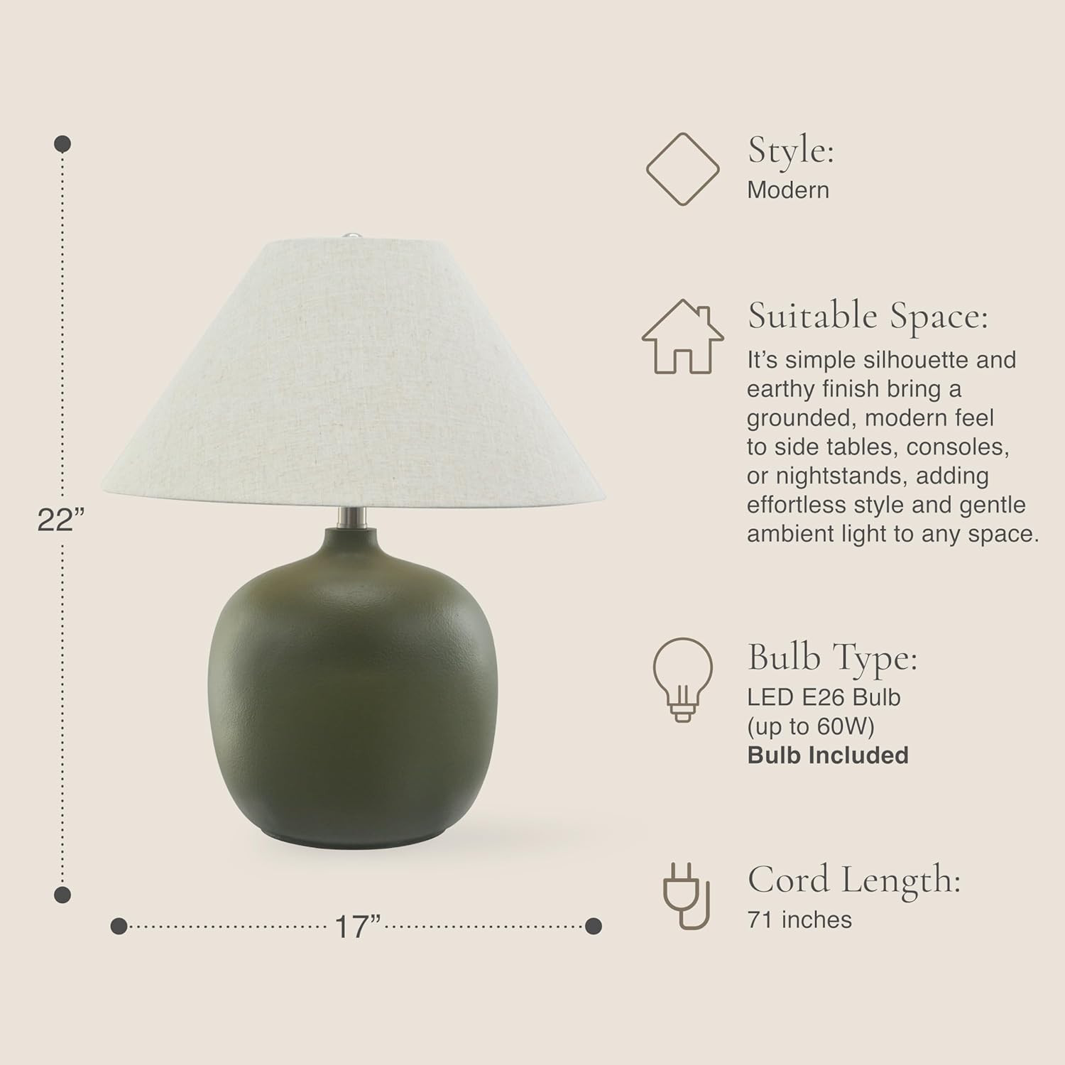 Abani Madeline 20” Table Lamp – Green Ceramic Base with Wheat Linen Tapered Shade, E26 2-Way ... | Amazon (US)