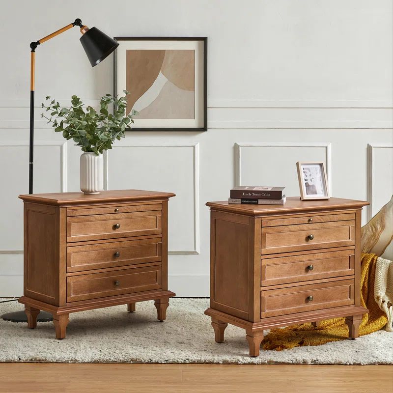 Arthelia 3-Drawers Nightstand with Built-in Charging station and Solid Wood Legs(Set of 2) | Wayfair North America