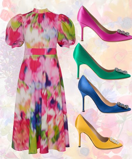 Colourful Spring floral tie dye style dress with puff sleeves ! Ideal for Spring !! Paired with any colour of Manolo Blahnik Hangisis 

#LTKshoecrush #LTKstyletip #LTKcurves