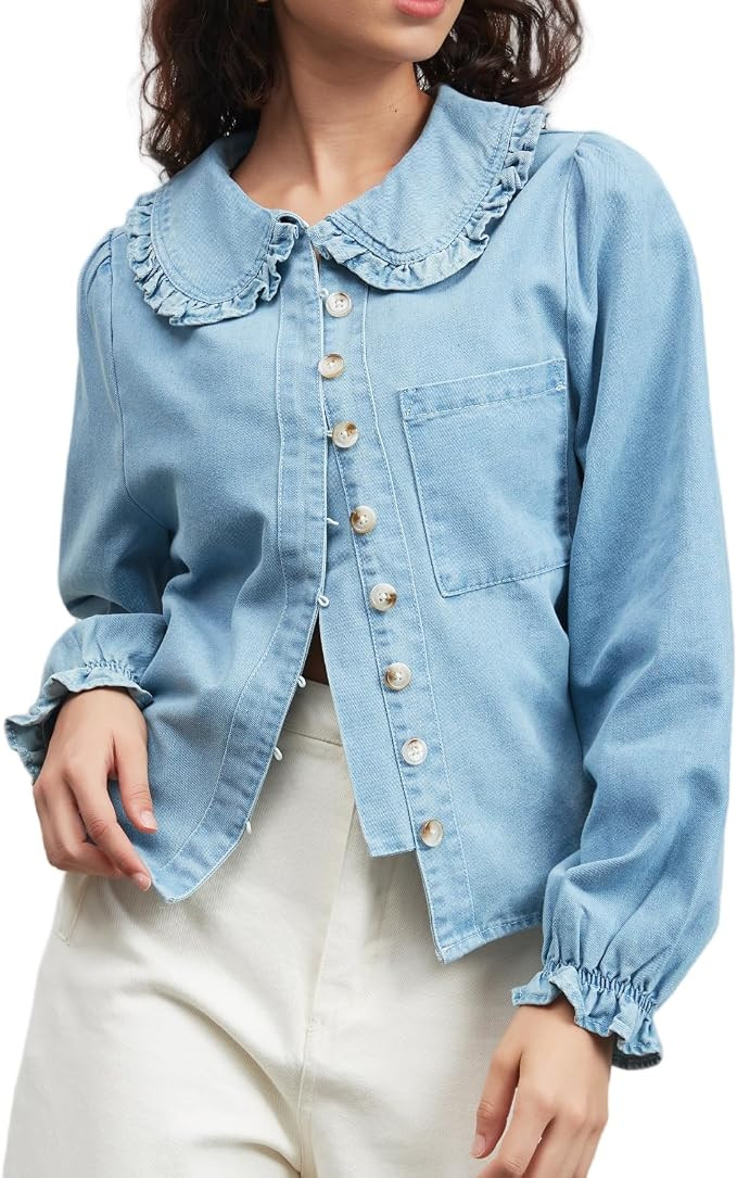 Womens Puff Long Sleeve Denim Shirts Peter Pan Collar Button Down Jean Blouse Casual Denim Tops w... | Amazon (US)