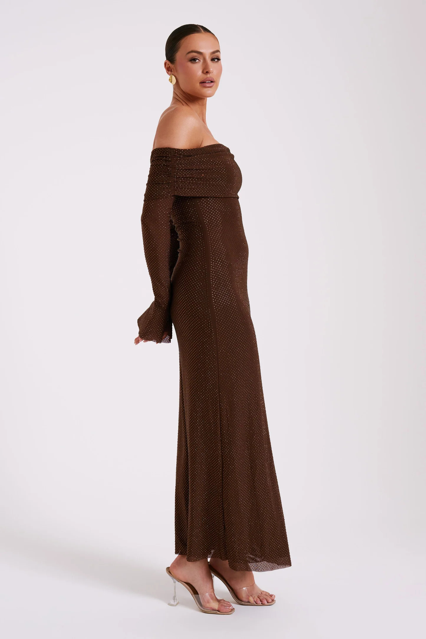 Marcel Off Shoulder Diamante Maxi Dress - Chocolate | MESHKI US
