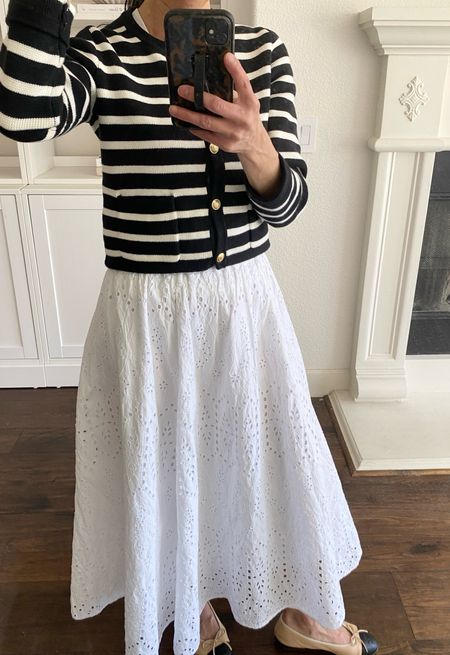 On sale right now, my striped lady jacket. It is in stock and comes in other colors too. I’m wearing an XS here.

White eyelet midi skirt (linking a similar one to mine).

Chanel cap toe ballet flats. 

Spring cardigan 
Spring outfit 
J.Crew lady jacket 

#LTKsalealert #LTKover40 #LTKstyletip
