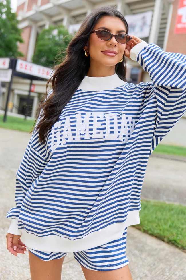 Saturday Social Gameday Blue Striped Mock Neck Pullover | Pink Lily