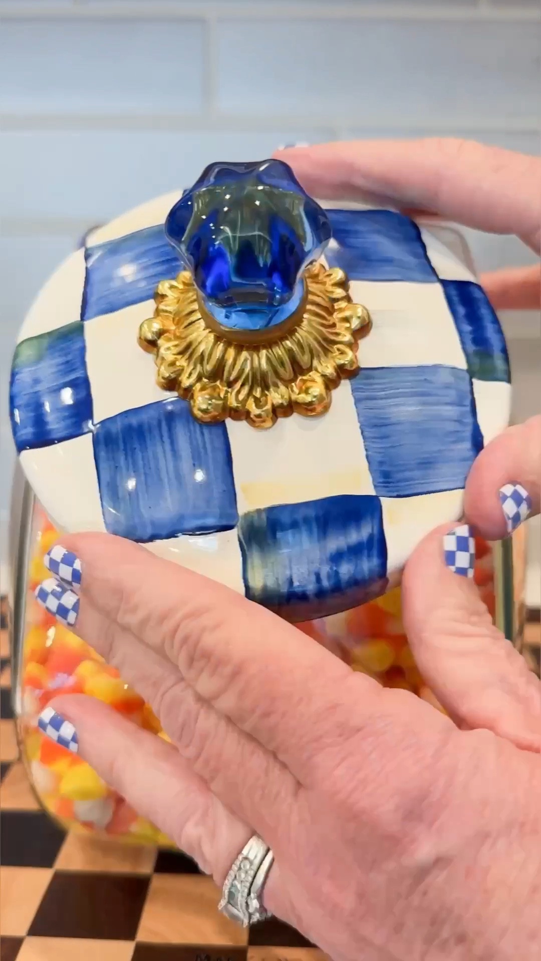 Royal Check Obsessed - 🤩 too much? 
I use my sweets /cookie jar for candy - also for teas- k cups- cookies - changing it up is half of the fun ! How would you use this ? 
#mackenziechilds #royalcheck #courtlycheck 

#LTKFindsUnder100 #LTKMidsize #LTKHome