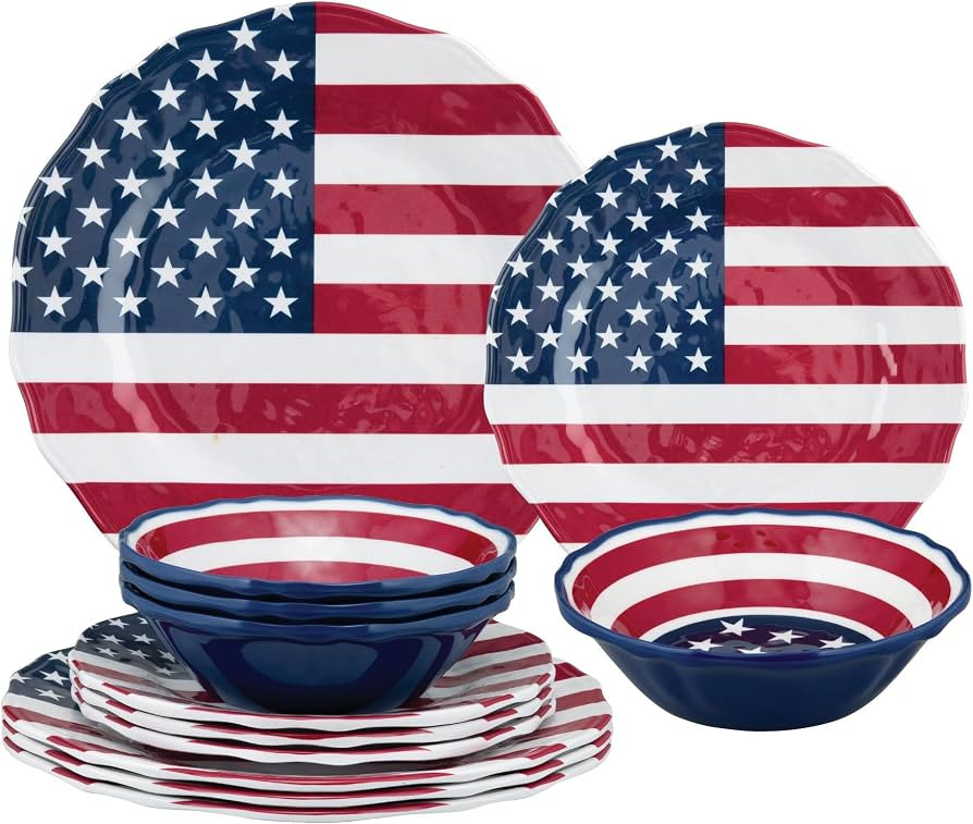 UPware 12 Piece American Flag Melamine Dinnerware Sets, Outdoor Dishes Set, Plates and Bowls Sets... | Amazon (US)